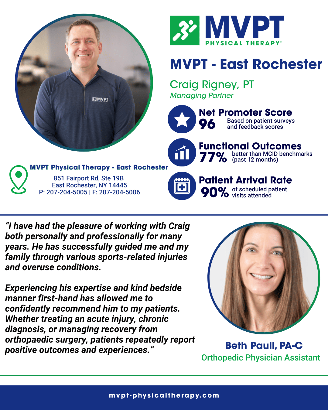 Managing Partner of MVPT Physical Therapy, Craig Rigney, PT Outcome Measures and Beth Paull, PA-C, an Orthopedic Physician Assistant's recommendation