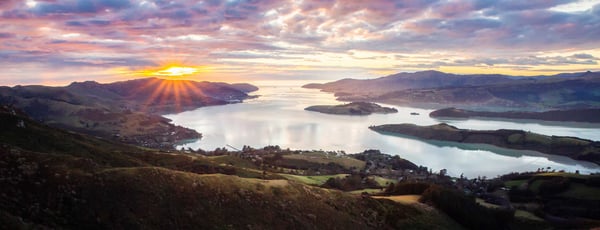 Christchurch New Zealand Landscape, Sunrise Scenic View From Port Hills Overlooking Lyttelton Harbour In Canterbury, South Island NZ