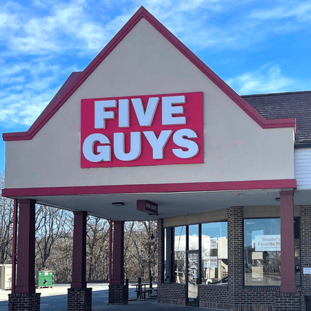 Entrance to the Five Guys at 300 Quaker Lane in Warwick, Rhode Island.