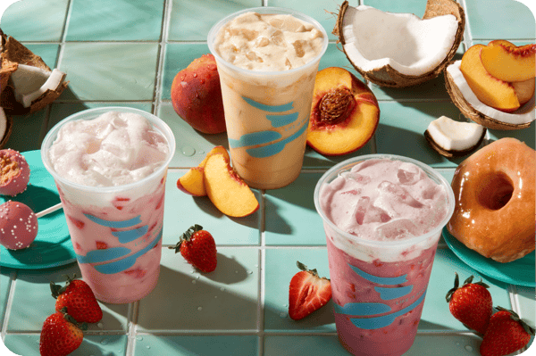 Three Fruit Shakers from Caribou Coffee. Strawberry Fruit Shaker, Peach Fruit Shaker, Berry Punch Fruit Shaker.