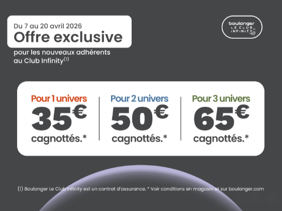 Club Infinity, offre promotionnelle, 65€ offerts, cagnotte, bon d’achat, réduction, économies, high-tech, électroménager, multimédia, achat en ligne, offre limitée, bonus inscription, programme fidélité, avantages clients, shopping malin, promo 2026