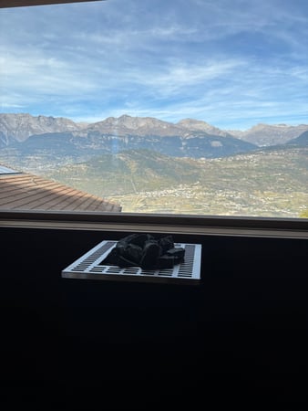 🏔️ Sauna avec vue sur les montagnes suisses 🏔️ Plongez dans une expérience unique de bien-être face à la majesté des montagnes suisses. Ce sauna au design épuré offre une vue panoramique spectaculaire, où la chaleur apaisante rencontre la fraîcheur
