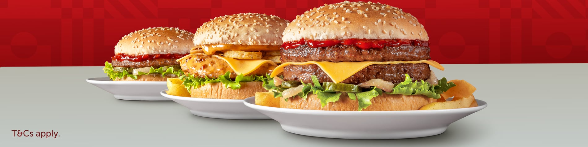 An image of a Wimpy Quick Bite Burger, Peri-peri Chicken Burger and Double Cheeseburger against a red and grey background