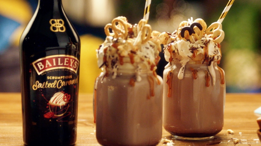 Glasses with hot chocolate and Baileys Salted Caramel