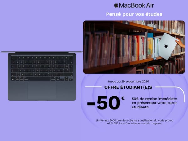 MacBook Air, offre étudiant, réduction Apple, ordinateur portable étudiant, remise immédiate, rentrée universitaire, code promo APPLE50, retrait magasin.