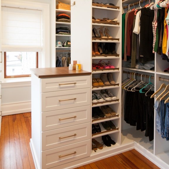 Spare Room Conversion to Walk-in Closet with Shoe Shelves and Drawer Banks