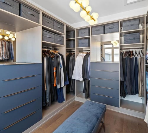 Walk-in closet with open hanging, drawers and shelves for storage