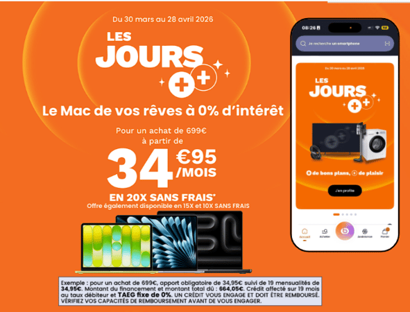 Pendant les Jours ++, équipez-vous avec un MacBook sans vous ruiner 
Profitez d’une offre exceptionnelle à 0% d’intérêt pour un achat à partir de 699€, repartez avec votre Mac dès aujourd’hui et payez à partir de 34,95€/mois.
C’est le moment idéal pour s’offrir performance, design et fluidité tout en maîtrisant son budget !
Offre valable jusqu'au 28 avril 2026 dans votre magasin Boulanger Limoges.