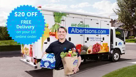 delivery man standing in front of albertsons grocery delivery truck holding groceries - Albertsons Hours Christmas delivery man standing in front of albertsons grocery delivery truck holding groceries - Albertsons Hours Christmas