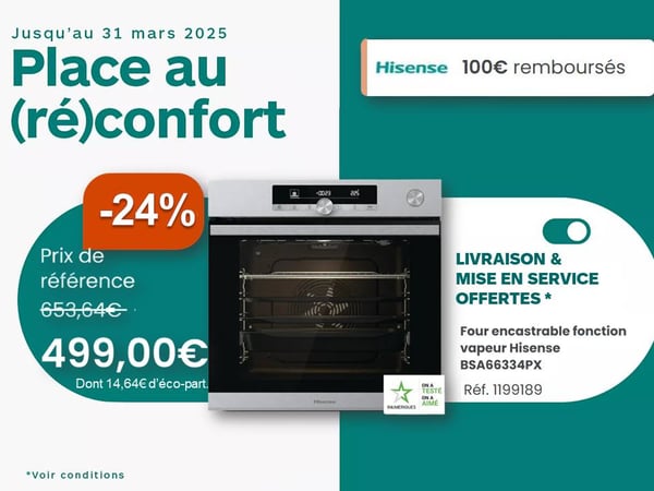 Découvrez la promo du four encastrable Hisense à Colomiers! Profitez de 100€ de remise différée en acquérant ce four Hisense à Boulanger Colomiers !