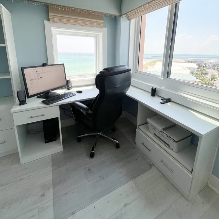 White office desk with printer storage and drawers California Closets Pensacola & Panama City Beach, FL