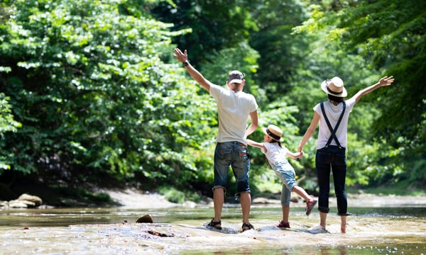 3人家族が森のなかで川遊びをしている後ろ姿