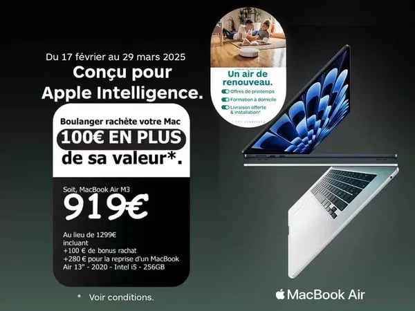 Découvrez notre offre de rachat boostée de votre ancien Macbook pour l'acquisition du Macbook Air M3 à Boulanger Bordeaux Libourne.