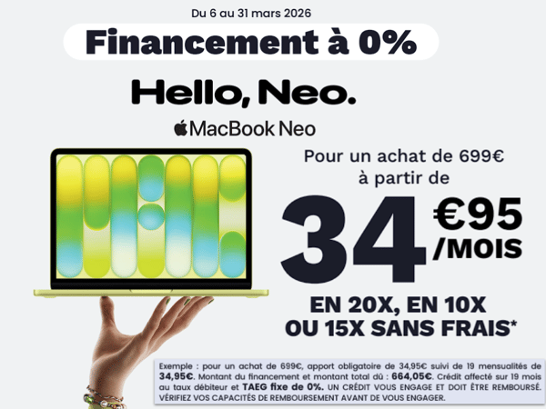 Offrez-vous le nouveau MacBook Neo  dès 34,95 €/mois avec le financement à 0 % sans frais (10x, 15x ou 20x) chez Boulanger jusqu’au 31 mars !