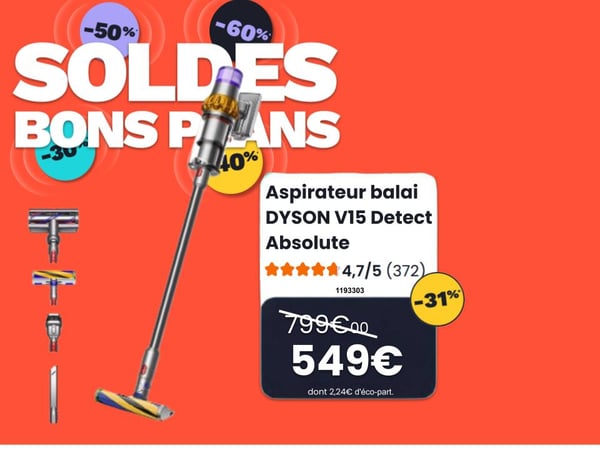 soldes aspirateur balai dyson v15 detect absolute sans fil brosse laser puissant nettoyage maison promotion électroménager boulanger toulouse colomiers bon plan
