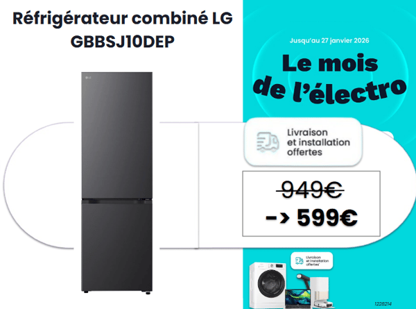 ❄️ Réfrigérateur combiné LG GBBSJ10DEP — Offre exceptionnelle chez Boulanger la roche sur yon à 599 € au lieu de 949 € ! Profitez d’un volume total de 333 L (220 L réfrigérateur + 113 L congélateur), d’un froid ventilé No-Frost, d’un fonctionnement ultra silencieux (35 dB) et de la connectivité Wi-Fi pour contrôler votre appareil à distance. Grâce au système Door Cooling+, vos aliments se refroidissent rapidement et uniformément.