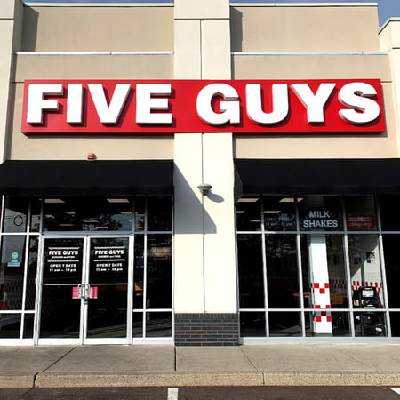 Entrance to the Five Guys at 254 NW West End Blvd. in Quakertown, Pennsylvania.