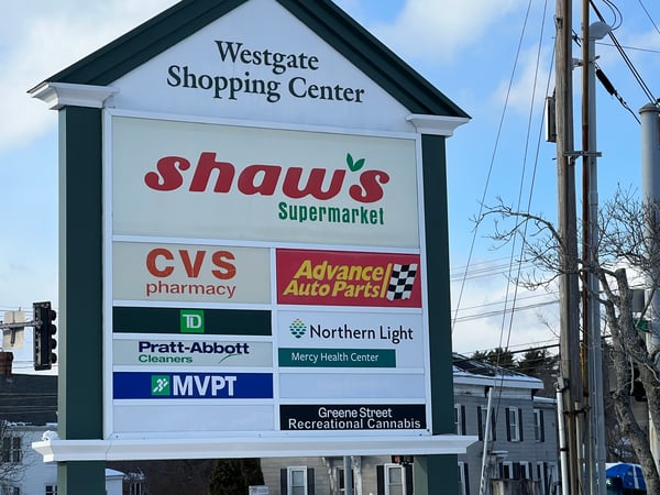 MVPT - Portland Maine Photo of plaza sign Westgate Shopping Center Portland Maine next to CVS, Shaws, TD Bank, Etc.