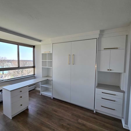 Wall bed with shelving and drawers