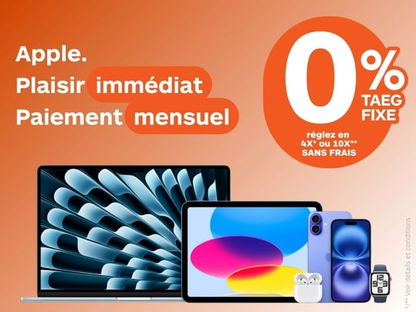 Un MacBook Air, un iPad, un iPhone 16, des Airpods 4 et une Apple Watch SE mis en avant à l'occasion d'une offre chez Boulanger Toulouse : 4x et 10x sans frais