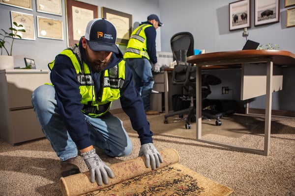 Restoration professionals removing carpet in an office after flooding as part of water damage restoration process.