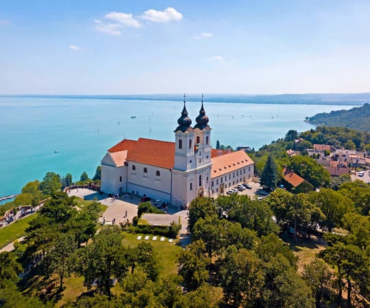 Tihany Abbey aerial view over the Balaton lake