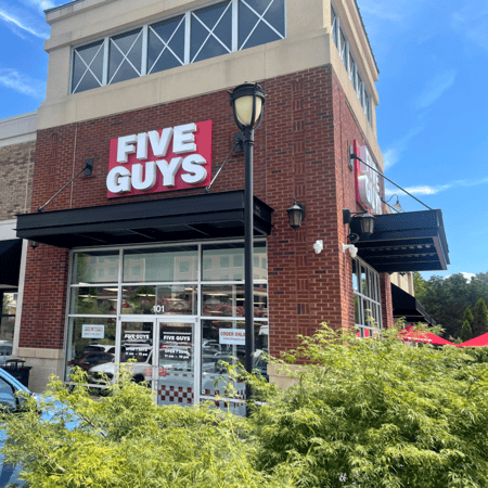 Entrance to the Five Guys at 234 Brookview Centre Way, Unit 101, in Knoxville, Tennessee.