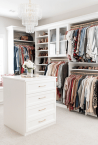 Luxe white walk-in closet with center island