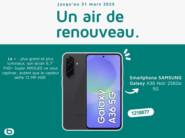 découvrez le Smartphone SAMSUNG Galaxy A36 Noir 256Go 5G dans votre magasin Boulanger Boulogne-Sur-Mer