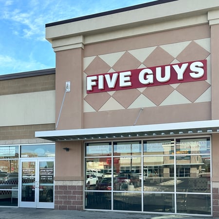 Exterior photograph of the Five Guys restaurant at 5060 East Second Street in Casper, Wyoming.