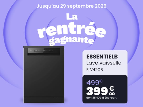 Lave vaisselle Essentielb noir, Essentielb ELV42CB, Lave vaisselle pose libre, Lave vaisselle pas cher, Promo lave vaisselle boulanger, Equipement cuisine moderne, Lave vaisselle noir mat, Electromenager cuisine pas cher, Bon plan lave vaisselle, La rentrée gagnante Boulanger