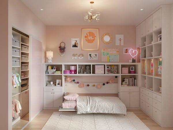 Murphy bed with desk, shelves, and cabinets in light wood finish by California Closets Nashville, Tennessee