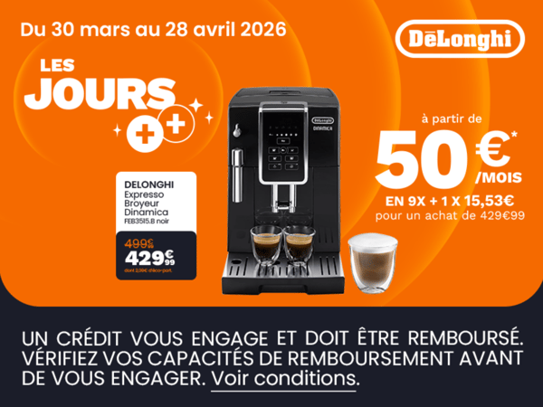 Du 30 mars au 28 avril 2026, profitez des Jours ++ !
Craquez pour la machine expresso broyeur De’Longhi Dinamica, à seulement 429,99 € au lieu de 499 €.
Et facilitez votre achat avec un paiement à partir de 50 €/mois !