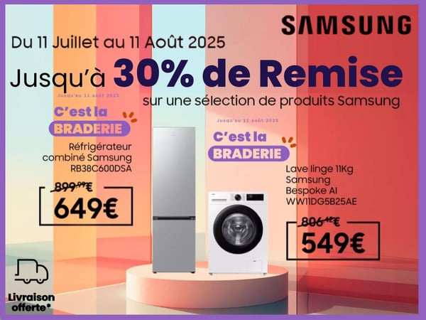 Profitez de la Braderie pour acquérir un lave linge Samsung à Pau ! Profitez de la livraison & mise en service OFFERTES pour acquérir votre machine à laver Samsung à Boulanger Pau !