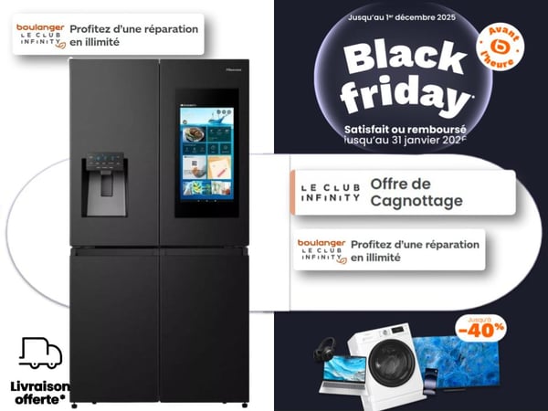 Réfrigérateur multiportes noir connecté Hisense en promotion Black Friday chez Boulanger Toulouse Colomiers – frigo américain, combiné, no frost et grande capacité, disponible chez Samsung, LG, Haier et Hisense avec livraison gratuite et offres spéciales.
Réfrigérateur multiportes disponible chez Boulanger Toulouse Colomiers – Frigo grande capacité avec froid ventilé, no frost et design moderne, modèles disponibles aussi chez Samsung, LG, Whirlpool, Bosch, Electrolux et Hisense.