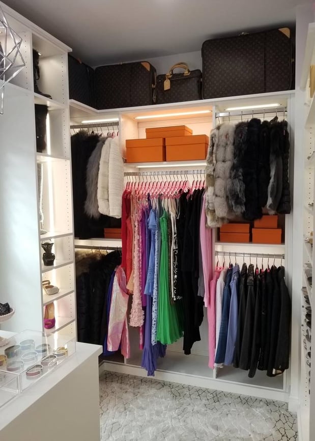 Greensboro - Custom closets - beautifully organized closet with LED lights, organized clothes, boxes, and bags