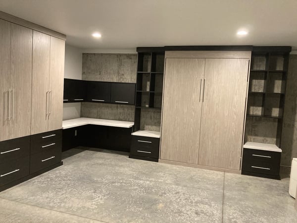 L shaped desk and wall bed with night stands