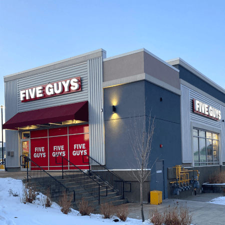 Photo of the outside of the Five Guys restaurant at 125 Eagle Ridge Blvd. in Fort McMurray, Alberta, Canada.