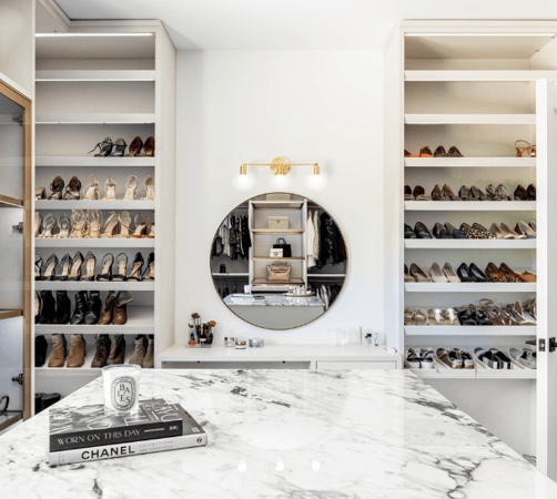 Img 4-California Closets Westchester County New York Full Room Walk-in Closet Marbel Center Island Custom Shoe Shelving Middle Vanity with Mirror, LED Lighting and Shelving