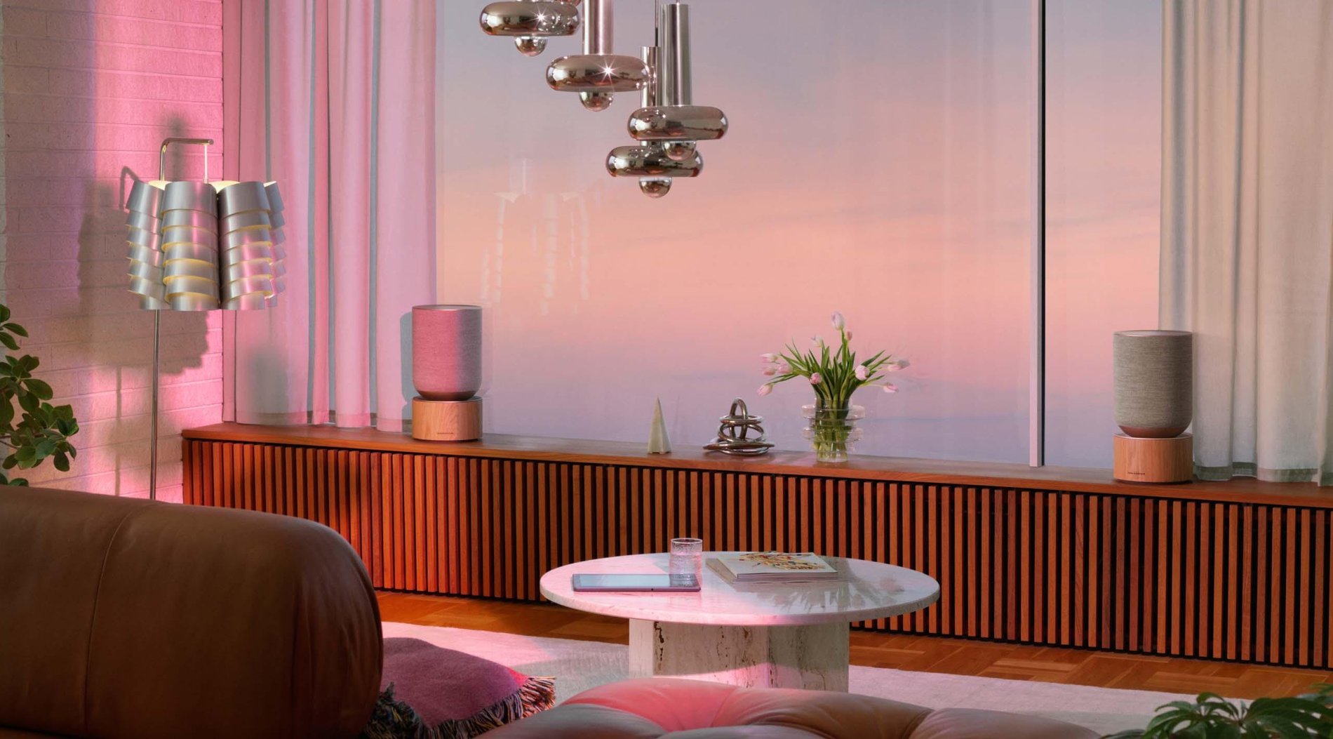 A livingroom with a Home Audio Installation of two Beosound Balance multiroom speakers