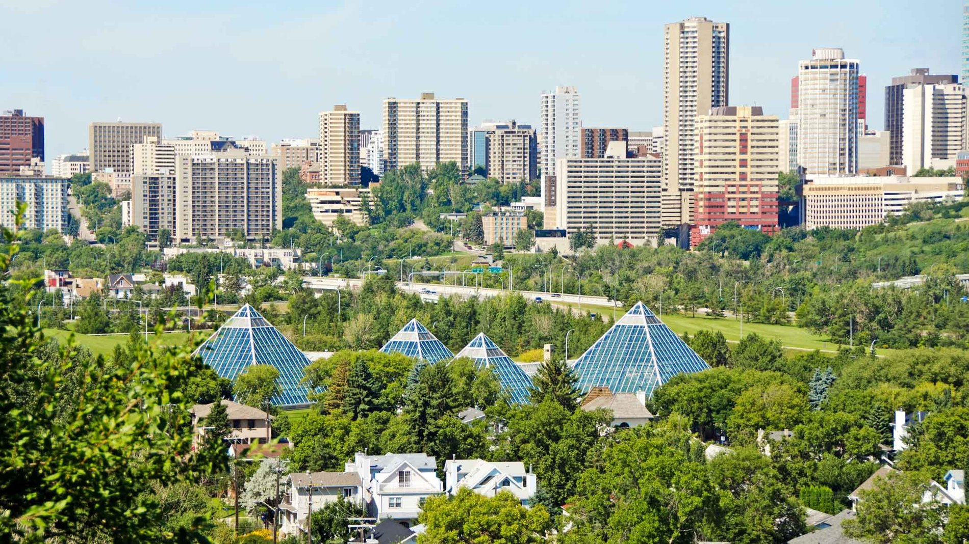 Edmonton Skyline and the greenhouse pyramids of the Muttart Conservatory