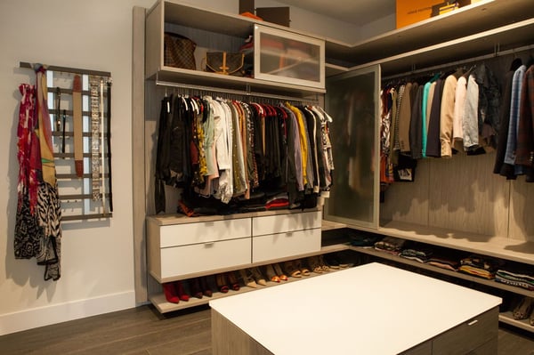 Virtuoso System which includes Sliding Glass Doors, Custom Shoe Shelves, Custom Island, and a Maddox Wall Organizer for Belts and Scarves in Huntingdon Valley, PA