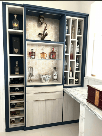 Deep pond blue and white wine bar