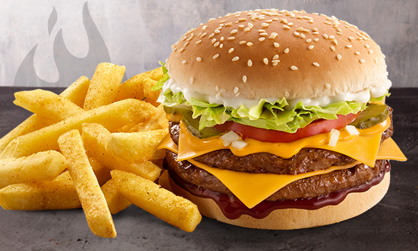 A King Steer® Burger with Famous Hand-Cut chips from Steers® , against a purple and grey background.