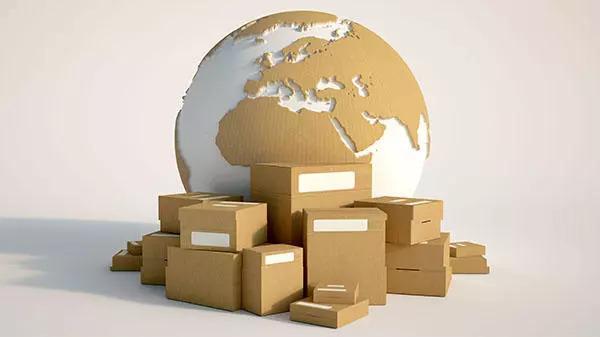 Rendering of the world with shipping boxes around it.