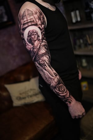 Tattoo Realism Black and Grey - Religious Composition with Angel Dove and Rose.