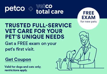 Pop up window with coupon for Free Exam for new pets at Petco and Vetco Total Care Veterinarian Hospital