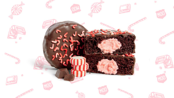 Our Chocolate Peppermint No Name Cake: inside the cake is a peppermint cream filling and outside it's covered in dark chocolate and candy cane sprinkles.