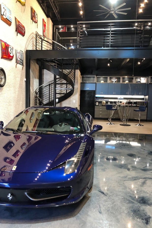 GARAGE HANGAR KITCHEN LOFT in SHADOW BLACK and ASH with BLUE GLOSS PUCK LIGHTING and a FUSION TRACK WALL with STAINELESS FRAME GLASS DOORS