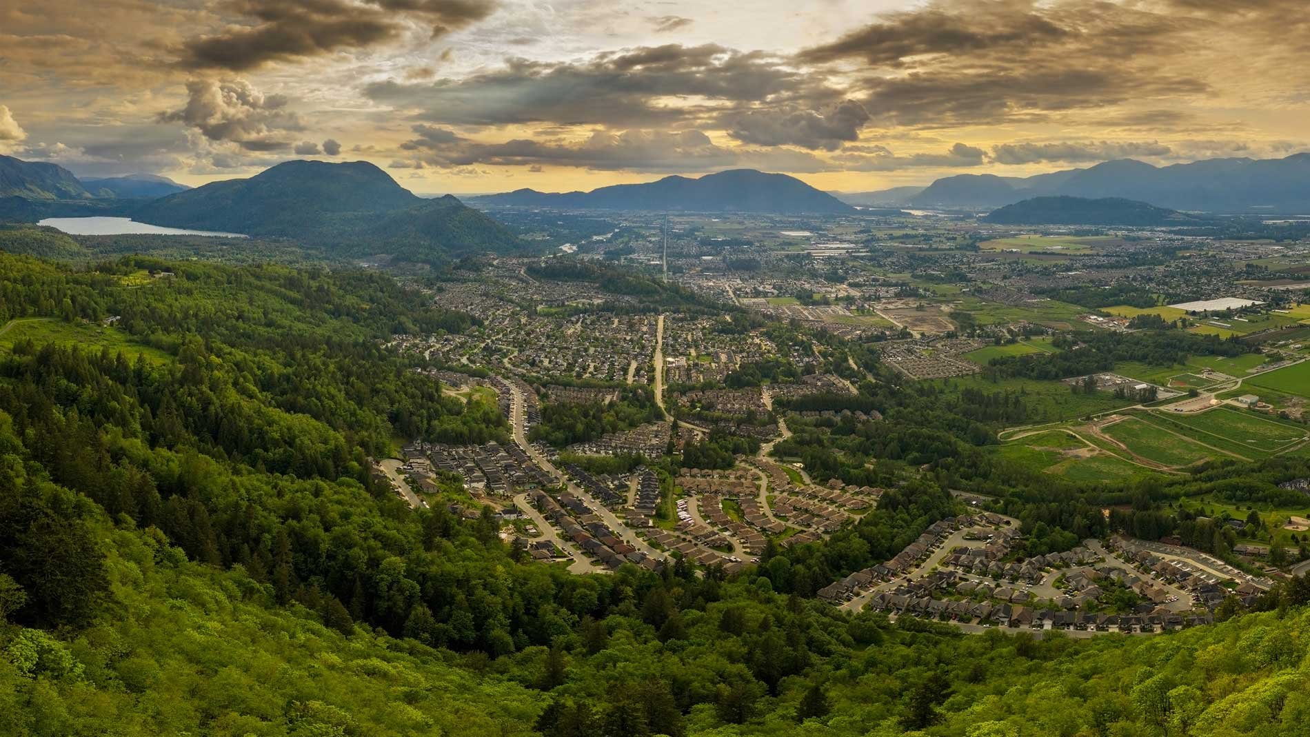 Aerial view of Chilliwack city in the Fraser Valley in British Columbia.